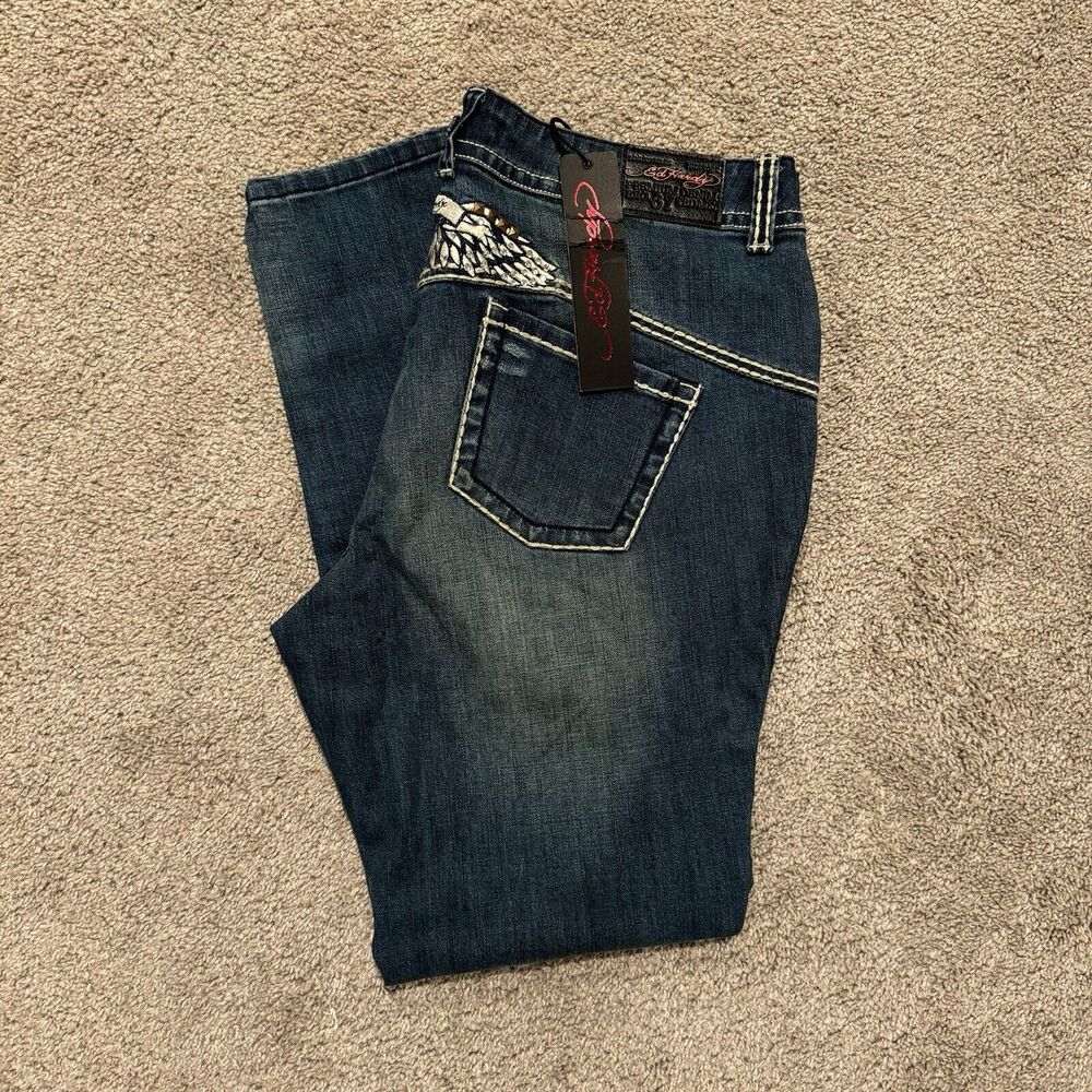 Brand New Ed Hardy Embroidered Wings Jeans Size 18 (36x32) Vintage Y2K Art Denim